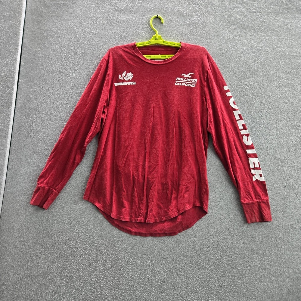 Hollister Men Shirt L Red Floral Rose Logo Graphic Print Long Sleeve Crew Neck